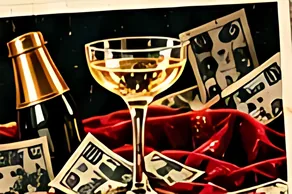 Champagne glass on red velvet with banknotes