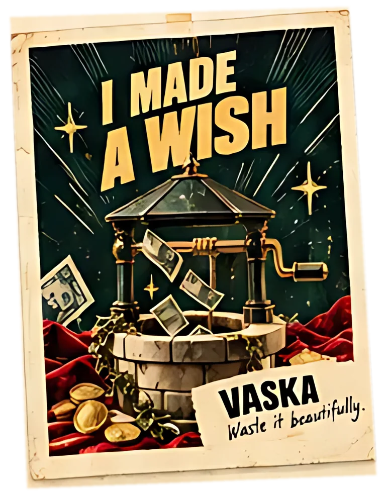 Poster: I made a wish, with a stone wishing well and the VASKA label